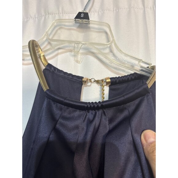 Eliza J Blue Satin Sleeveless Halter Dress With Gold Chain Detail & Back Zipper - Picture 6 of 7